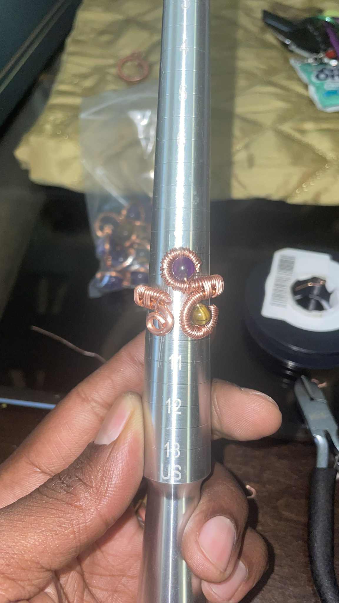 Handmade copper-wrapped crystal ring