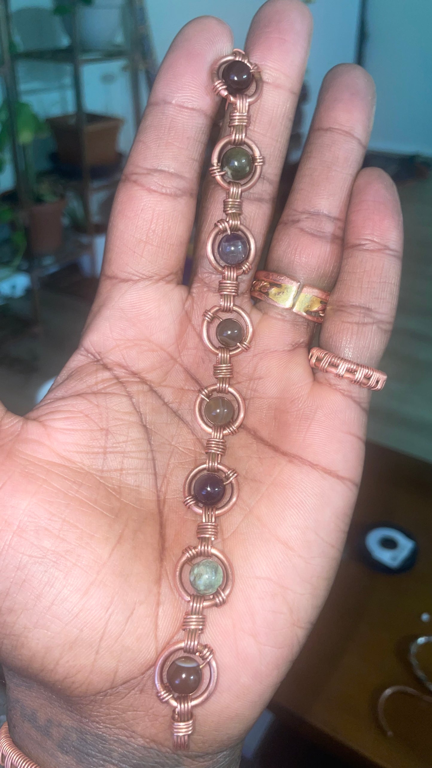 Copper Wrapped African Opal, Amethyst and Saradonyx Bracelet