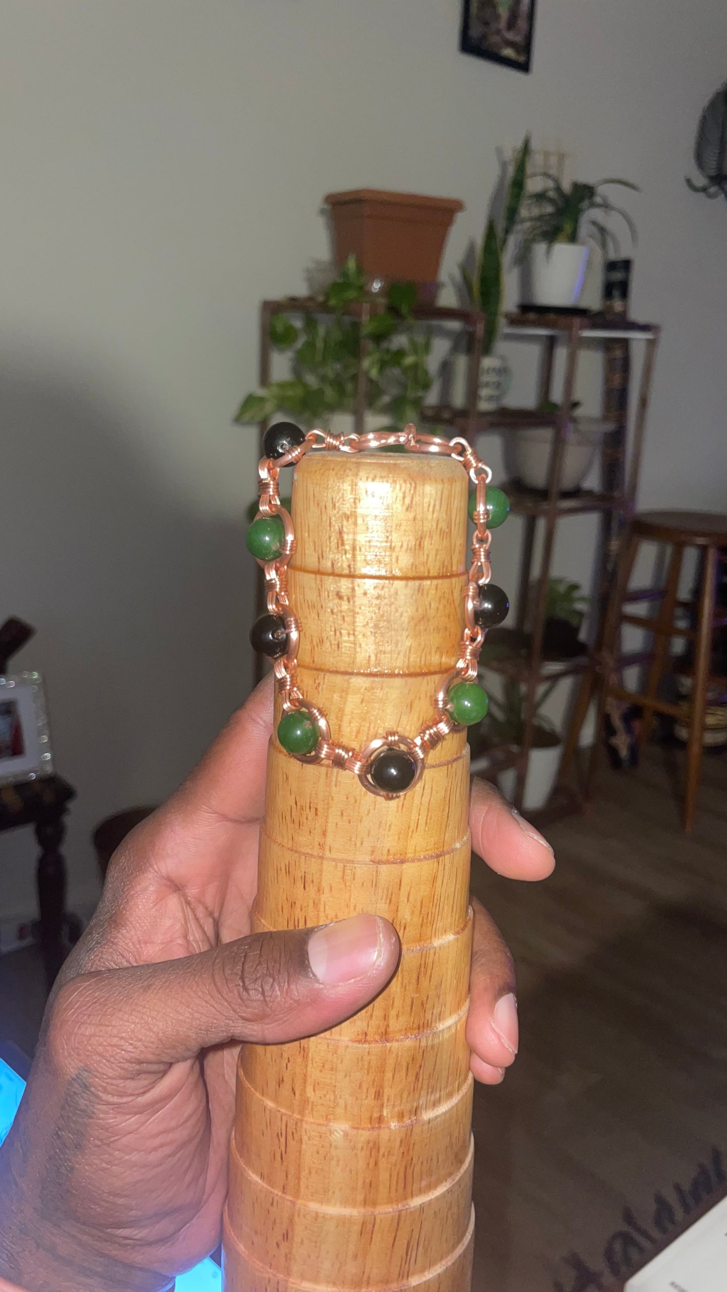 Copper Wrapped Golden Sheen Obsidian & Jade Bracelet