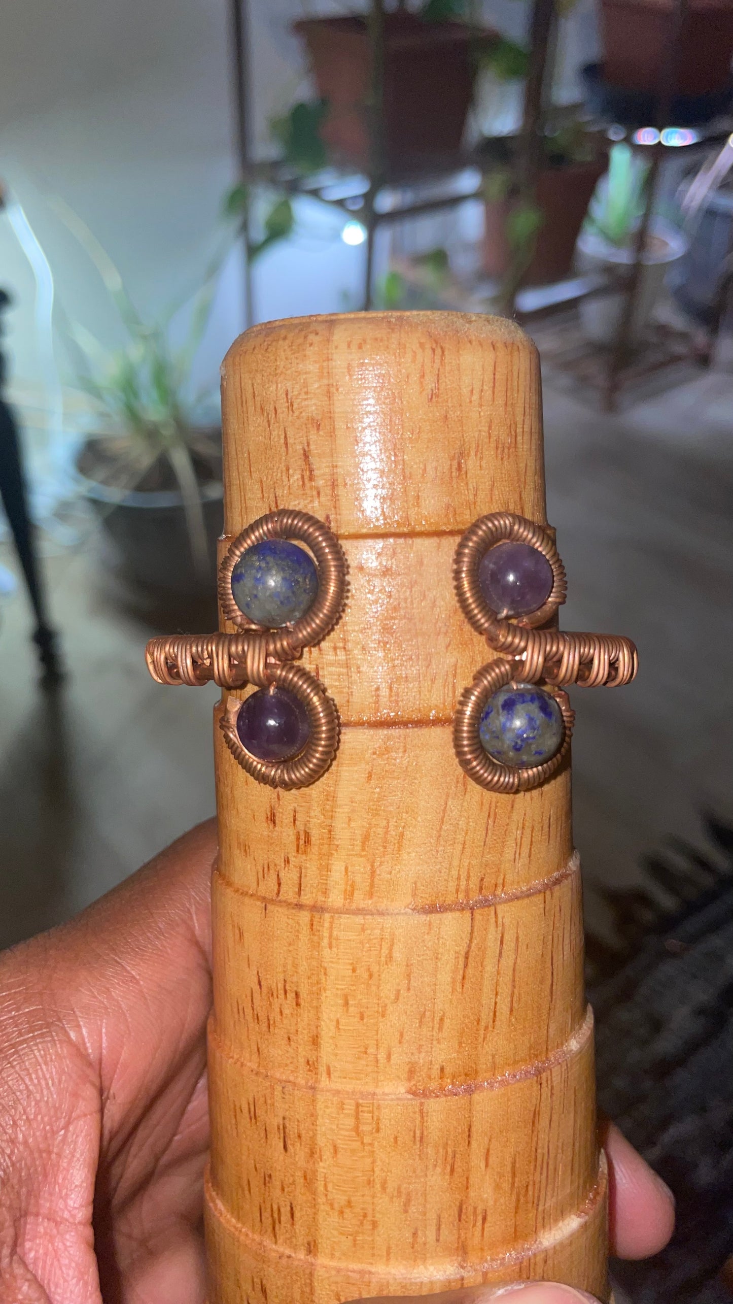 Copper Wrapped Quadruple Beaded Lapis Lazuli & Amethyst Bangle
