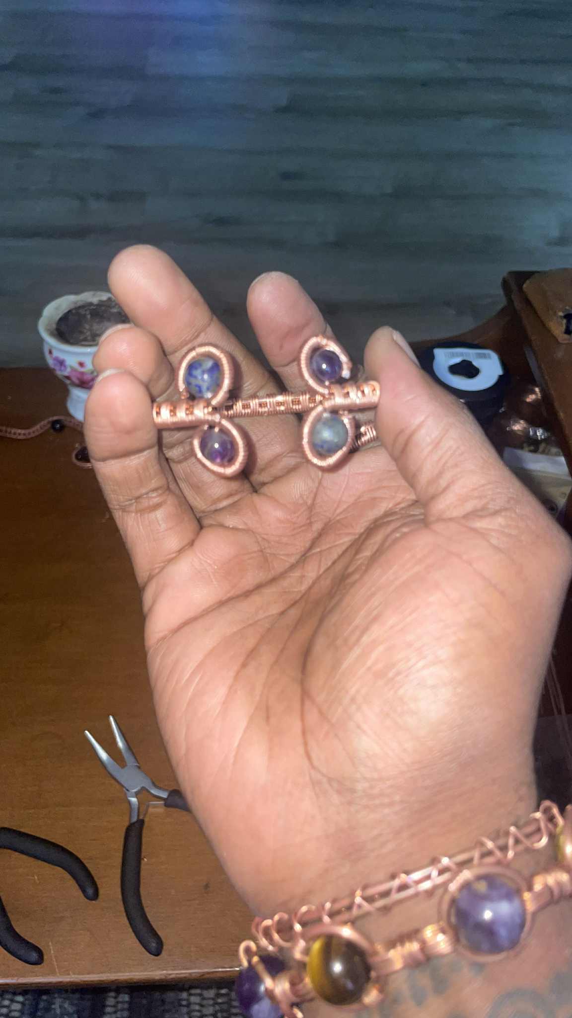 Handmade copper-wrapped crystal bangle
