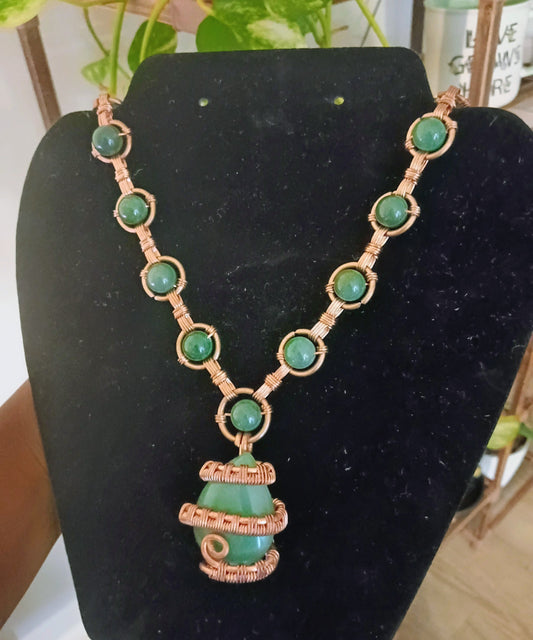 Copper-Wrapped Lime Green Aventurine Necklace W/Drop Pendant